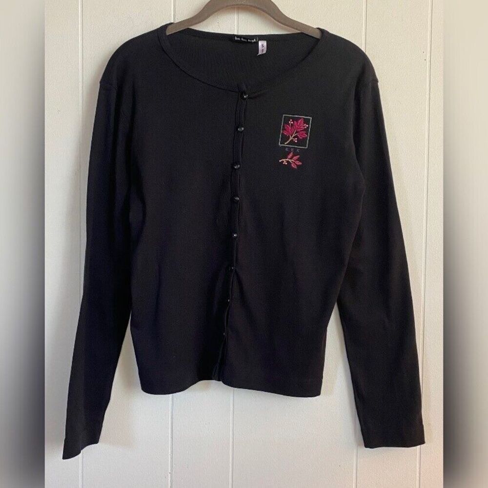 Trilogy Sweater Women’s Small Black Cotton Cardigan Red Embroidered Flower